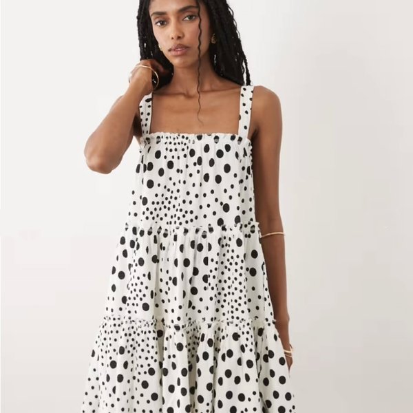 Model wearing a white polka dot dress