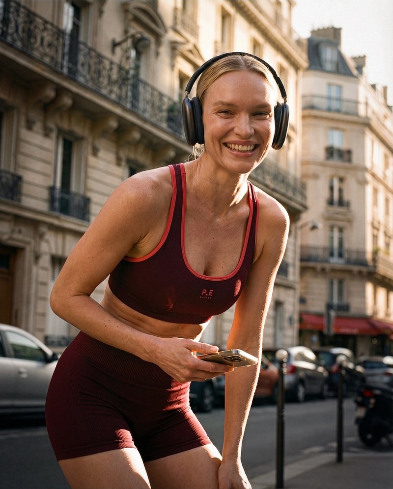 Model in a burgundy sports bra and shorts on a Paris street