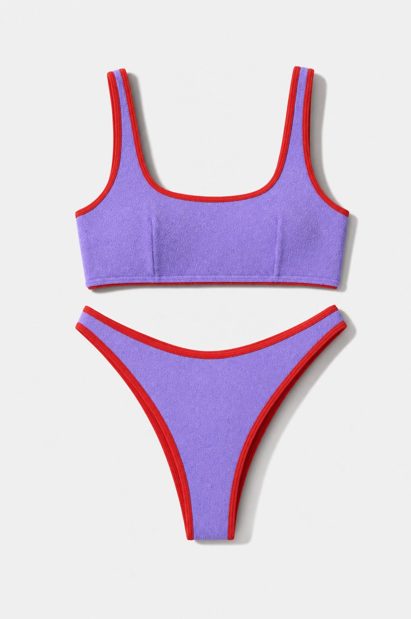 Flat lay, purple and red bikini top and bottom