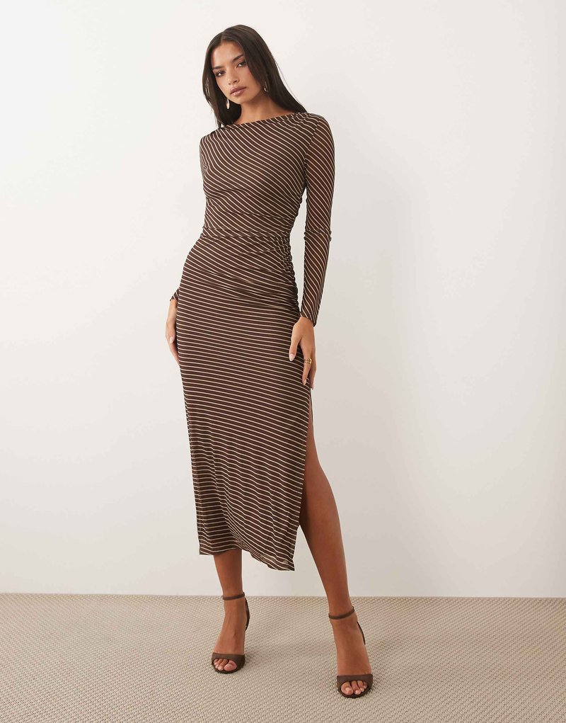 Real photo, model wearing a brown striped dress