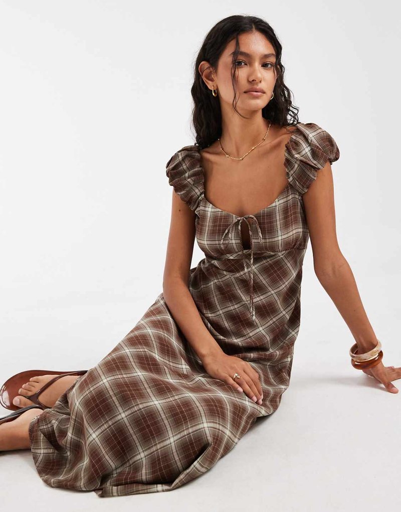 Real photo, model wearing a brown check dress