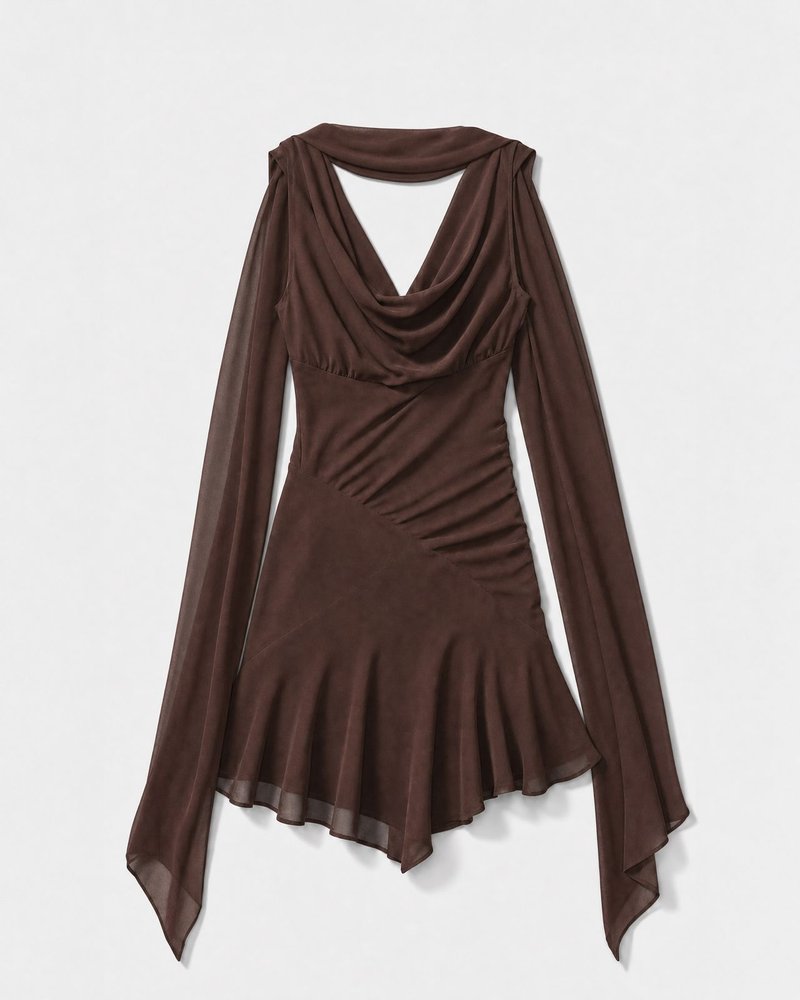 Flat lay, draped chocolate brown dress