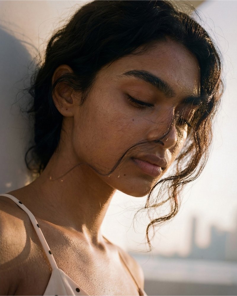 AI-generated background, close-up portrait against a rooftop city skyline